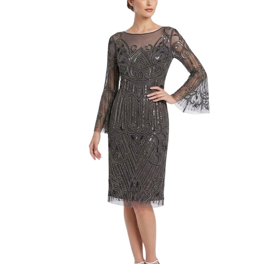 Adrianna Papell Gray Cocktail Dress Sequined Long Bell Sleeve Sheath Size 6